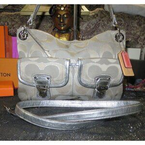 Coach 2011 Poppy Grey & Silver Metallic Signature Hippie Jacquard Bag Pushlock